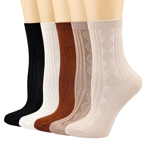 Image of Mcool Mary Womens Crew Socks,Retro Casual Knit Cotton Comfy Breathable Dress Socks for Ladies 5 Pairs
