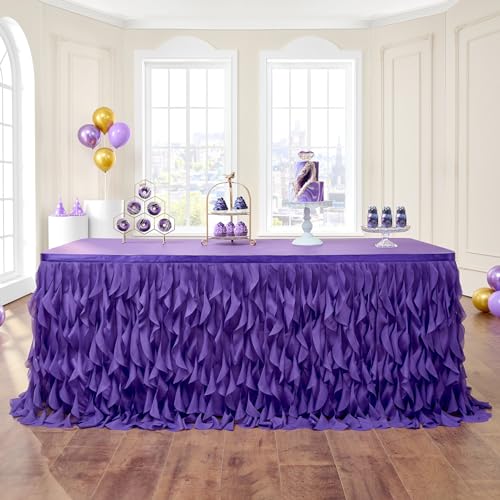 Leegleri Purple Tulle Curly Willow Table Skirt for Little Mermaid Party Baby Shower,Tutu Ruffle Rectangle Table Skirts (L 9(ft)*H 30in Table Skirt)