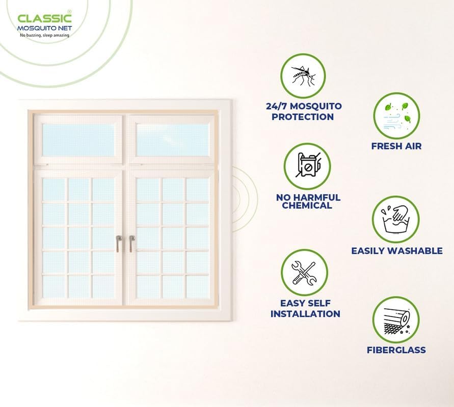 Image of Classic Mosquito Net for Windows | 50X120 cm | 120 GSM Fiberglass Mesh |Pre Stitched Window Net for Home | Self Adhesive Hook & Loop Easy Install | Protection from Mosquitoes & Insects |Ivory