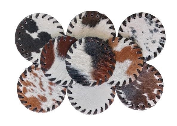 Cowhide Coasters Set of 6 pcs Round Natural Cowhides Drink Pads Hair On Genuine Leather Tea Cup Mats Home Decor & Home Living Ideas Multicolor Furry, Stain Protection