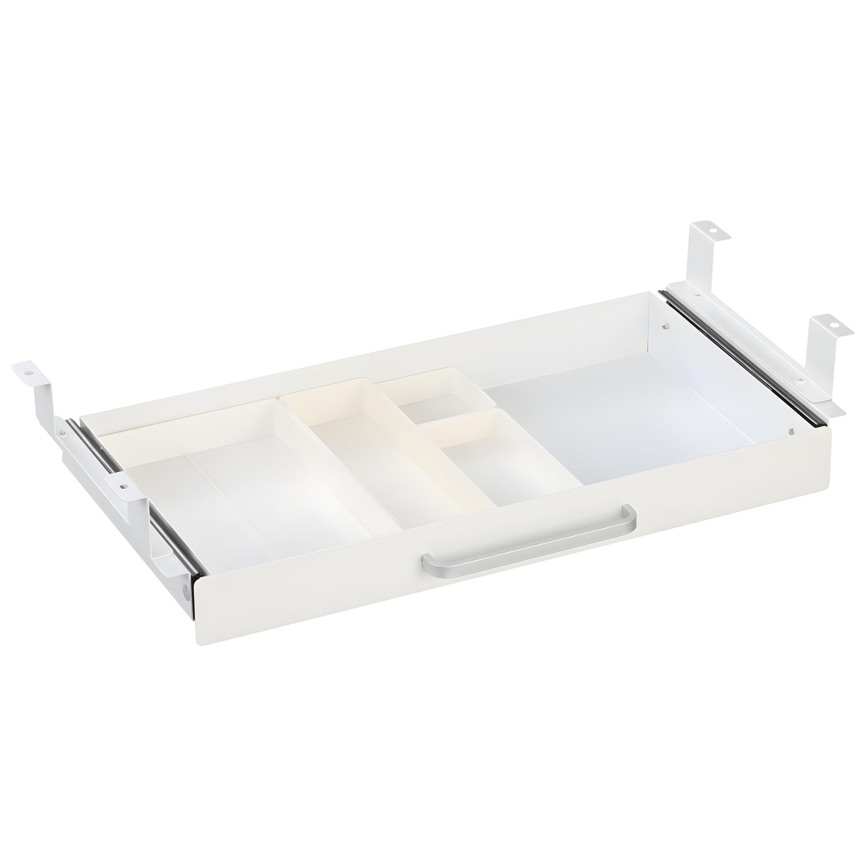 Under Desk Drawer White 21" with 4 Divider Trays, Under Shelf Pencil Drawer Pull-out, Standing Desk Drawer Attachment, Attachable Desk Organizer, Metal Storage Drawer Slide Out for Workbench