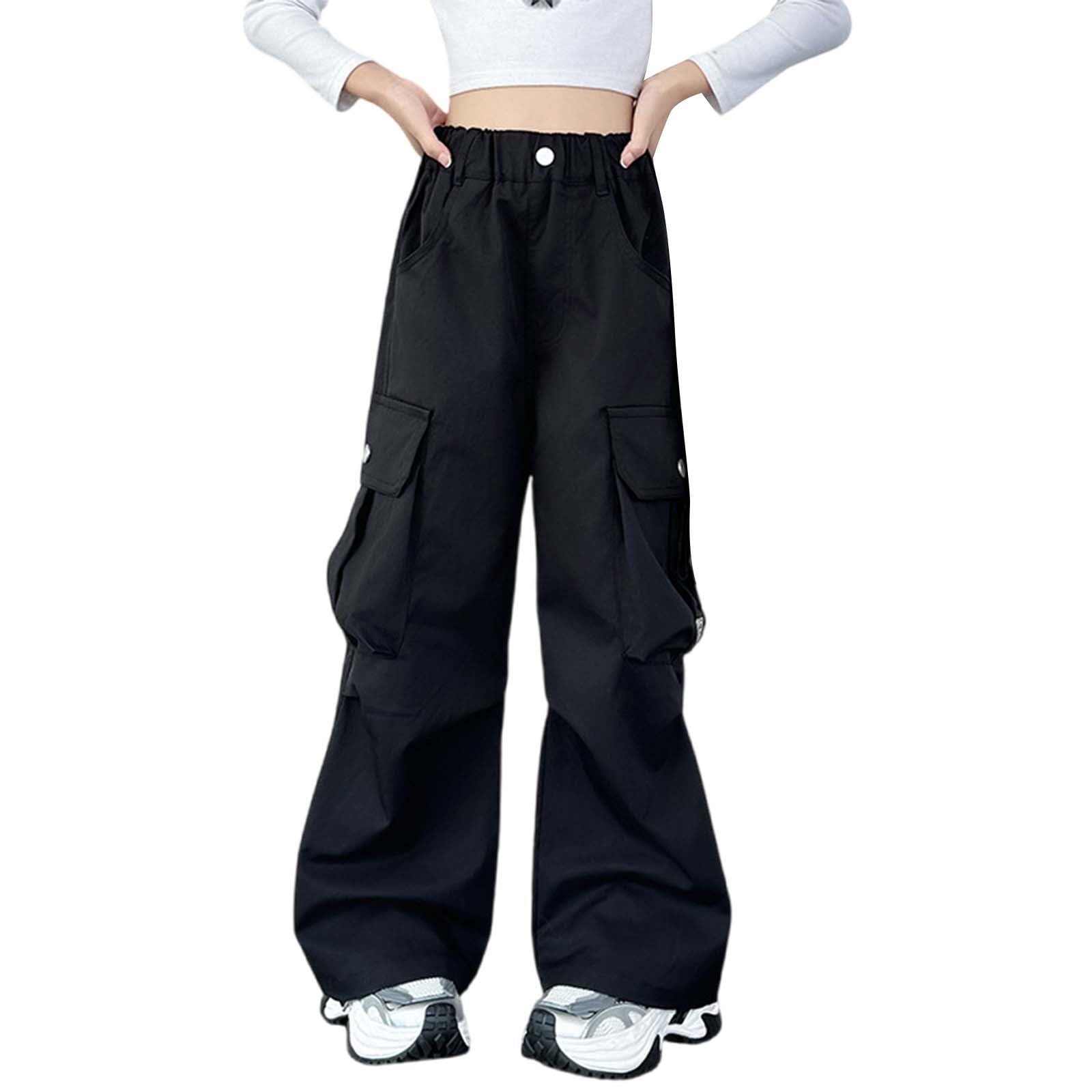 Pantalon cargo à jambe large avec poches pour filles - Taille élastique - Pantalon d'école tendance - Taille haute - Droit - Ample - Style hip-hop uni, Noir , 11-12 ans