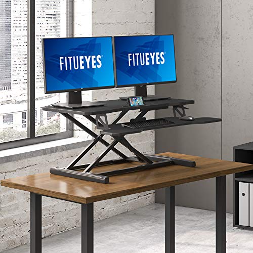 FITUEYES Height Adjustable Standing Desk 36” Wide Sit to Stand Converter Stand Up Desk Tabletop Workstation for Laptops Dual Monitor Riser Black SD309101WB - Thumbnail 5