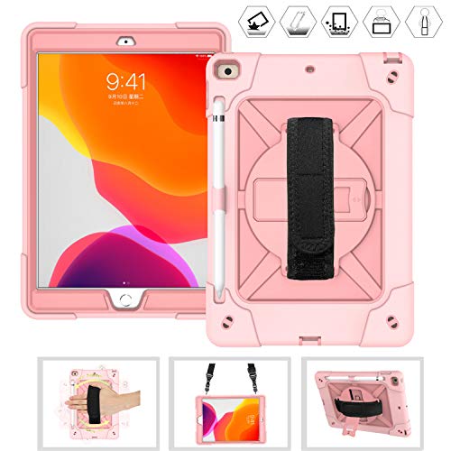 CWNOTBHY iPad 7th Generation Case 10.2 Inch 2019 / ipad 10.2 Case, Heavy Duty Shockproof Protective Case with 360 Rotate Kickstand/Hand Strap/Shoulder Strap (Rose Gold)