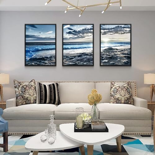 Lapremoly Black Framed Wall Art For Living Room Large Wall Decor For Bedroom Office Decorations Blue Beach Seascape Wall Pictures Ocean Landscape Painting Poster Prints Artwork Home Decor 3 Piece