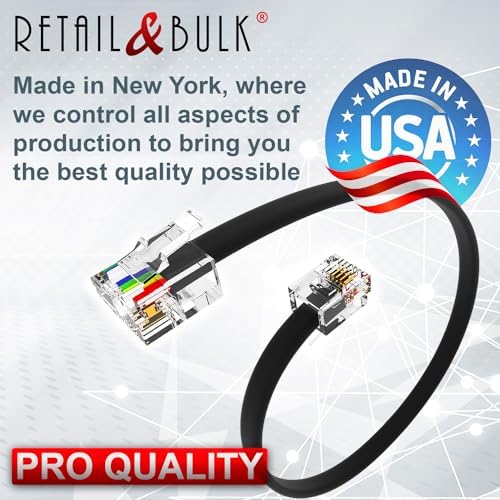 RetailAndBulk 1.5FT RJ11 Telephone Cord β Pro Grade 4-Wire Landline Phone Cable, 100% Copper, Heavy Duty PVC Jacket, Thick Gold Contacts for Phone, Fax, DSL (Black, Made in USA) - 4