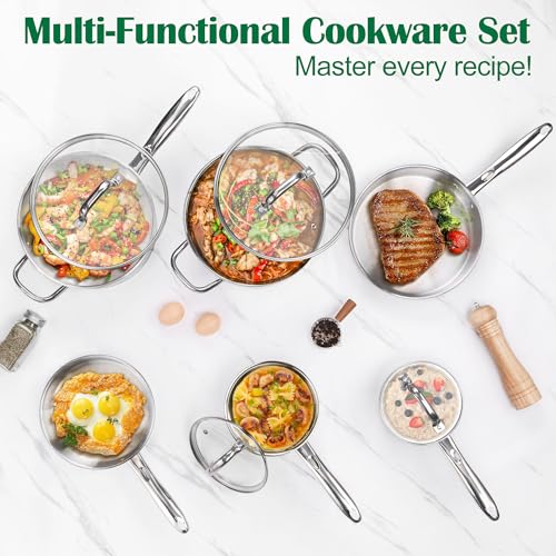 Image of E-far 10-Piece Stainless Steel Cookware Set, Induction Pots and Pans Set with Tri-Ply Base, Non-toxic Kitchen Cooking Set w /Frying Pan, Saucepan, Saute Pan, Stockpot with Lids, Oven & Dishwasher Safe