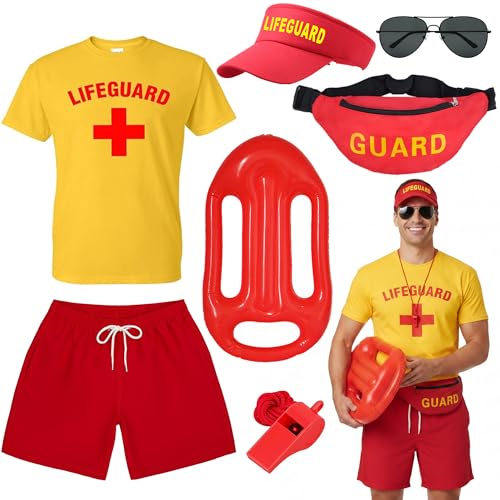 Fictoria Lifeguard Costume Accessories Set - Baywatch Style Fancy Dress with Whistle Hat Inflatable Float and Sunglasses Life Guard Dress Up for Men Women Cosplay Pool Beach Party (XL)