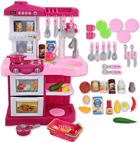 Delex Play Kitchen for Kids Pink Kitchen Playset My Little Chef With 30 Accessories Role Playing Game