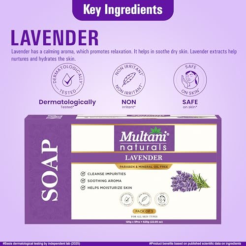 Image of Multani Natural Lavender Soap - 125 gm (Pack Of 5) | Gently Cleanses & Helps Relieve Stress | Paraben Free | Clinically Teste | For All Skin Types | Soap For Men & Women