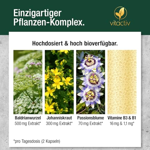 VITACTIV Nerven Komplex - Johanniskraut Baldrian Passionsblume Kapseln Hochdosiert, ohne chemische Stimmungsaufheller - Vitamine B1 & B3 für Psyche & Nervensystem - Vegan, Laborgeprüft - 120 Stück