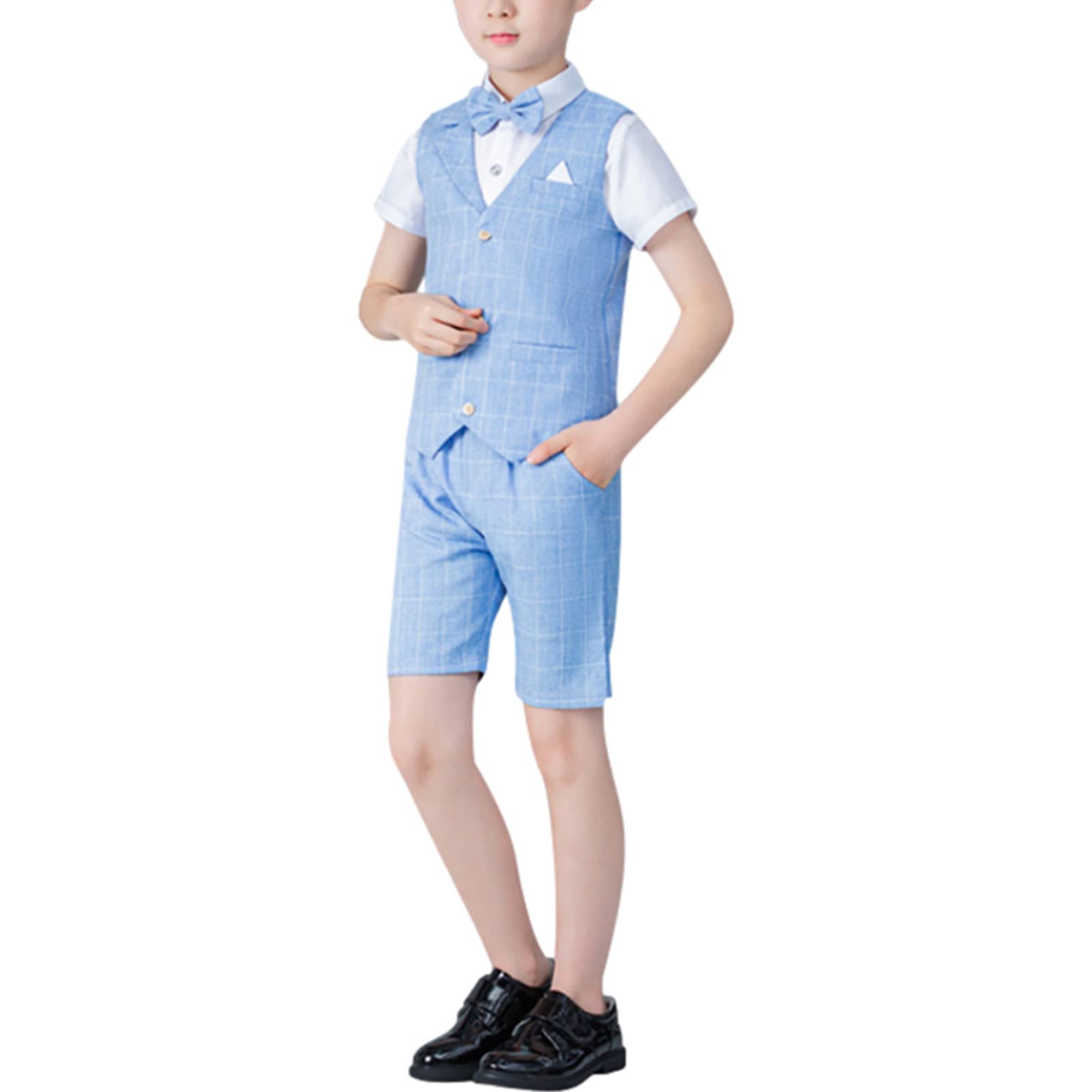4 pièces Garçons Été Shorts Costumes Ensemble Coupe Ajustée Gilet Chemise Shorts Nœud Papillon Tenue Vêtements