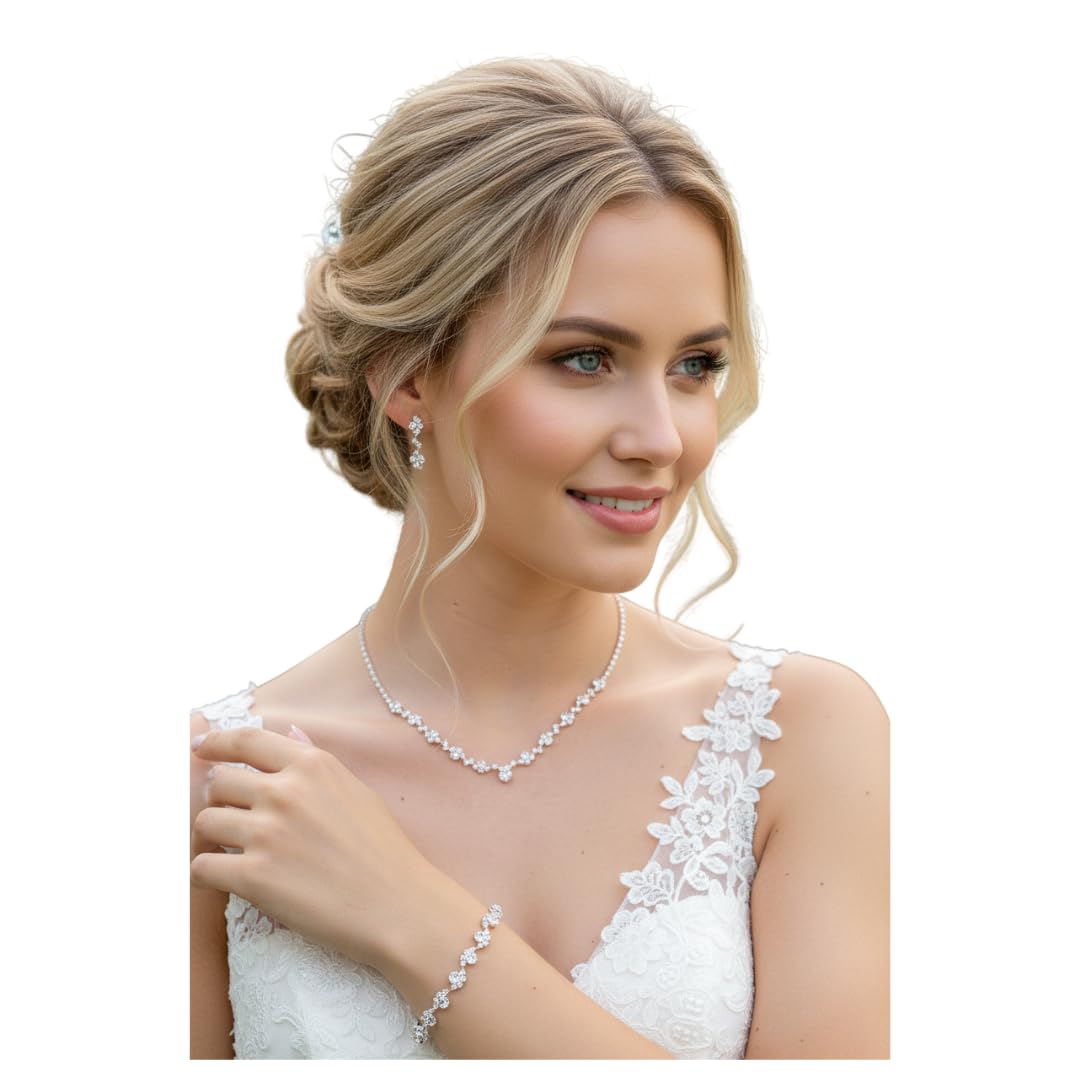 ONDEGO® Strass Schmuckset | Halskette, Ohrringe & Armband | Funkelnder Modeschmuck für festliche Anlässe | Collier-Stil | Für Hochzeit, Abiball, Kommunion