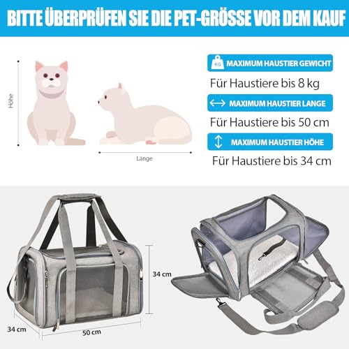 TOFFCAEA Transporttasche für Katze Hund, Hundetransportbox, Faltbare Katzentransportbox, tragbar, 8kg Katzen Hunde Tragebox, für mittelgroße Hunde, Katze (Grau, L 50 x B 34 x H 34 cm)