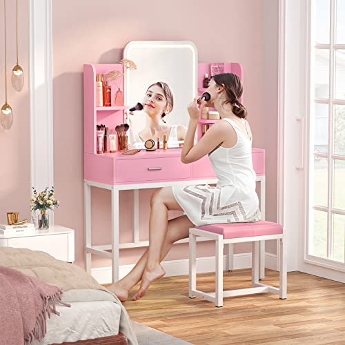armocity Pink Vanity Desk with Lighted Mirror and Stool #TOP27