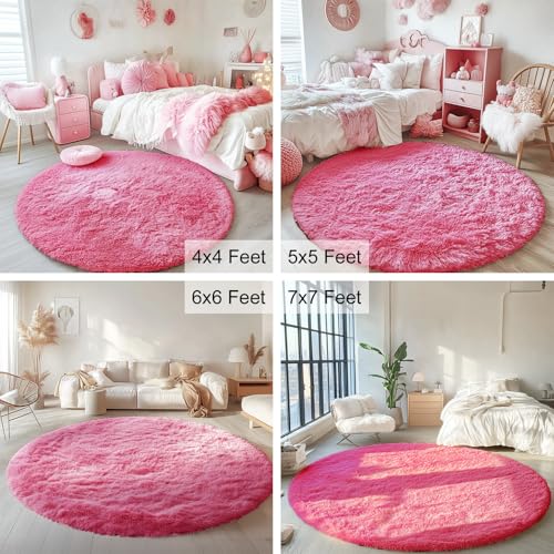OLANLY Hot Pink Round Rugs for Bedroom - Machine Washable, 4 ft Circle Area Rugs for Living Room, Soft and Fluffy Shaggy Carpet for Teen Girls and Boys, Nursery Rooms, Dorms, Home Decor Aesthetic