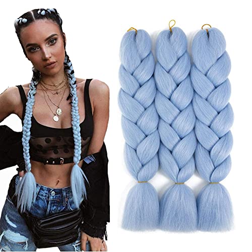 Synthetic Jumbo Braiding Hair Blue Braiding Hair for Women Crochet Twist Braid in Hair Extensions 24 Inches 100g Pieces (Light Blue)…