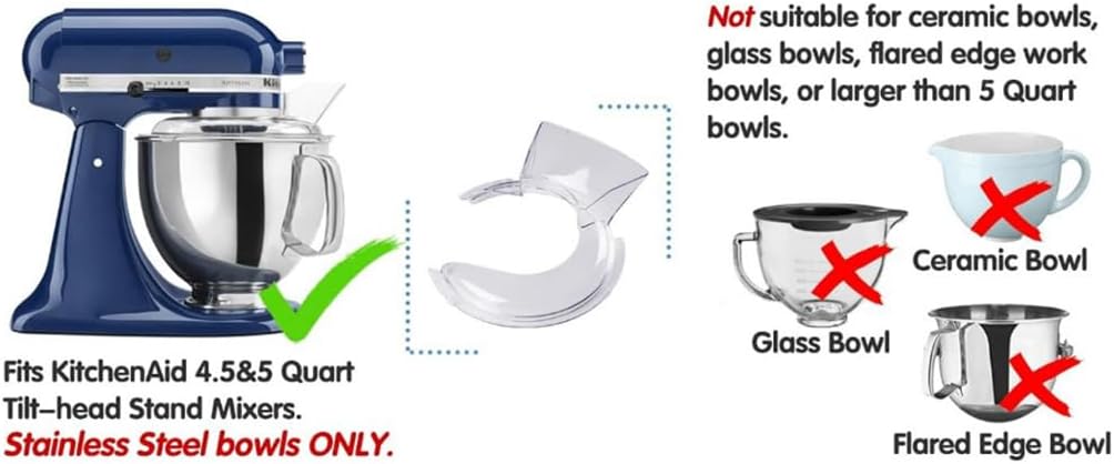 Silicone Splash Guard for KitchenAid 4.5-5QT Tilt-Head Stand Mixer, Pouring Shield with Ingredient Chute, Anti-Splatter Bowl Cover for Stainless Steel Mixing Bowls