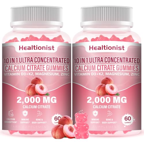 Healtionist 2 Packs 2000mg Calcium Citrate with Vitamin D3 K2 Supplements Gummies for Women & Men Magnesium Zinc High Absorption Bone Muscle & Immune Support 120 Counts Peach Flavor Gummies
