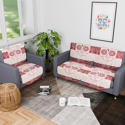 Image of Kuber Industries 2+1 Seater Sofa Set Cover | Sofa Slipcover Protector for Home Living Room, Hall & Office Couch | Flower Strips- Red & Cream