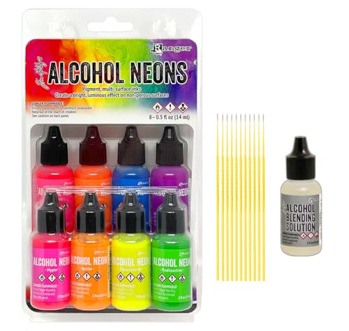 Alcohol Neons Bundle - Ranger Tim Holtz Alcohol Ink Neons 8pk with .5 oz Blending Solution and Trebbies Detail Sticks