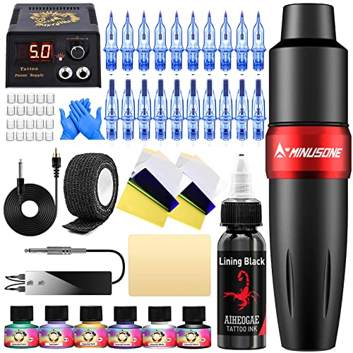 A-minusone Rotary Tattoo Kit Tattoo Pen Kit For Beginners with 20 Pcs Tattoo Cartridge Needles 7 Tattoo Inks Tattoo Power Supply Transfer Paper Tattoo Machine Padel