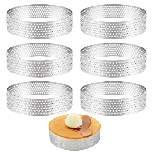 6 PCS Cercle à Tarte Perforé en Acier Inoxydable, Moule à Tartes Pâtisseries Mini Gâteaux Mini Pizzas Muffins