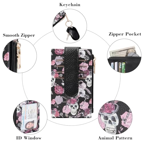 Image of GOIACII RFID Slim Card Holder Wallet with ID Window Thin Bifold Wallet for Womens Zipper Coin Pocket Goth Skull & ROSE