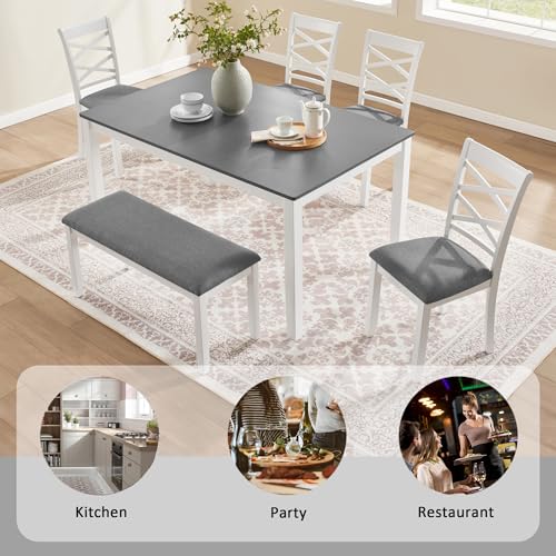 Image of Harper & Bright Designs 6-Piece Dining Set for 6, Modern Wood Kitchen Table Set with Upholstered Chairs and Bench, Space-Saving 58.5 inch Table for Dining Room, Kitchen, or Living Space