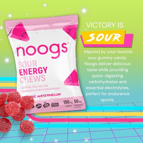 Image of Noogs Sour Energy Chews, Electric Watermelon Electrolyte Energy Gummies, Sour Candy Flavored Alternative to Running Gels, Vegan, Gluten Free & Caffeine Free, 12 Pack
