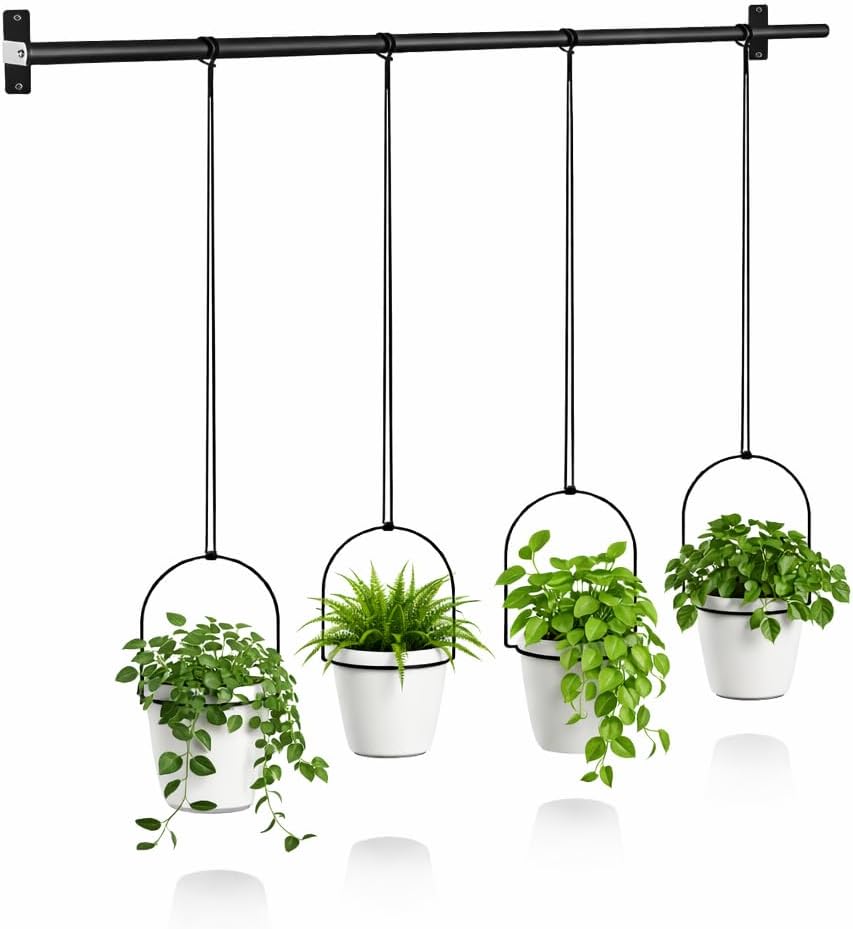 Hanging Planters for Indoor Plants with 4 Pots, Adjustable Window Plant Rod, Space-Saving Herb Garden Holder for Wall or Ceiling Mount (40in-4 Hanging basins)
