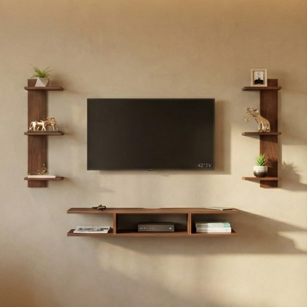 Fynn Mini Wall Mount TV Unit for 42 Inch TV, Entertainment Unit Set Top Box Stand with Shelves for Books & Décor Display, Space Saving TV Panel for Living Room, DIY (Classic Brown)-image-35
