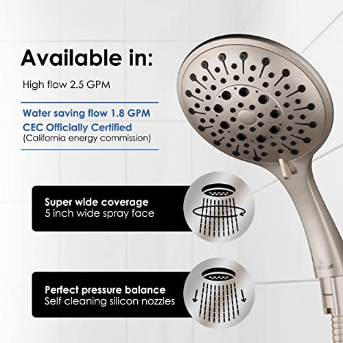 Aquarius Handheld Brushed Nickel Shower Head With Hose (Extra Long) Luxury Spa Grade High Pressure Hand Held Showerhead With 6 Spray Settings - Adjustable Brass Ball Holder & Teflon Tape #TOP4