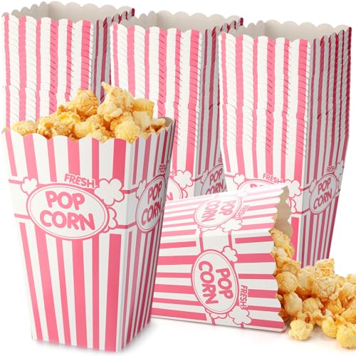 Image of Xinnun 100 Pcs Popcorn Boxes 32oz Classic Stripe Paper Buckets Disposable Oil Proof Popcorn Container Retro Open Top Box for Movie Night Supplies Theaters Carnival Birthday Party(Pink and White)