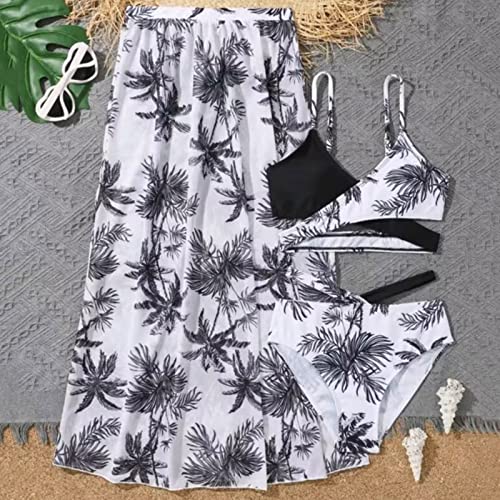 RNTOP Girls 3Pieces Bikini Bathing Suit Tropical Swimsuit with Rash Guard Pants Quick Drying Swimwear (Black, 8-9 Years)