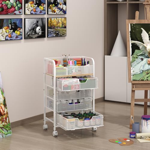5-Tier Craft Organizer Cart with Wheels,Craft Organizers and Storage with Drawers,Lockable Wheels Rolling Utility Cart with DIY Divider,Office Supply Organizer,Ideal for Studio,Office,Bedroom,White - Image 4