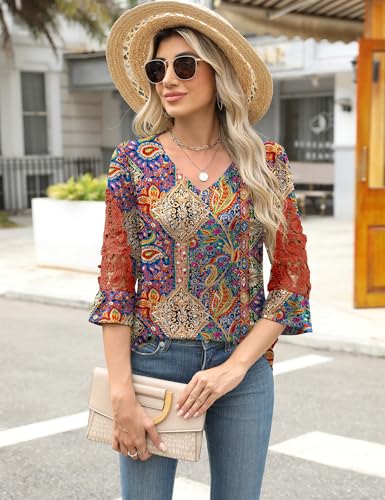 Rapbin 3/4 Length Sleeve Womens Tops Summer Lace Ruffles Sleeve T Shirts V-Neck Dressy Casual Trendy Tunic Blouses4