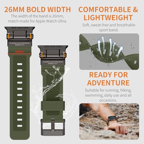 Image of FOAMUNOC Rugged Band Compatible with Apple Watch Ultra 3 /2 /1 Band 49mm /46mm /45mm /44mm /42mm, Metal Connector with Strap for iWatch Ultra Series 11 /10 /9 /8 /7 /6 /SE3 /SE2 /SE /5 /4 /3 /2 /1, Army Green /Black