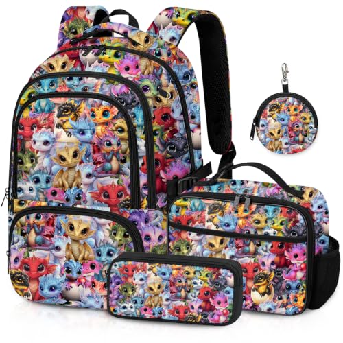 Fihevur Dragon Backpack Set for Boys Girls Kids Dragon Backpack for School with Lunch Box and Pencil Case Coin Purse School Bookbag for Kindergarten Elementary
