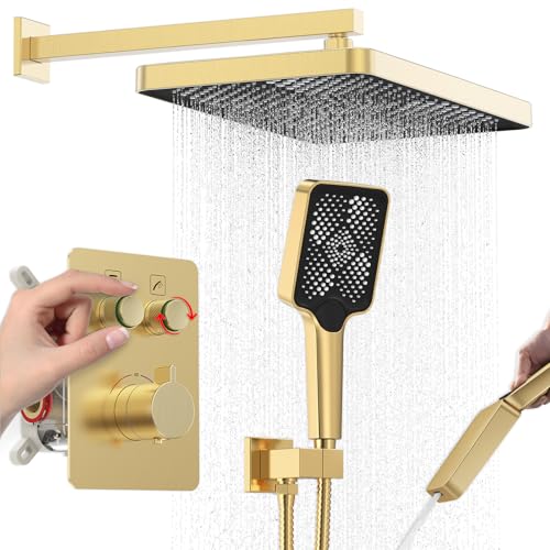 Iriber Thermostatic Shower System Wall Mount with Adjustable Water Flow Push Button Diverter,13 Inch Gold Rectangle Rainfall Shower Head and Handheld,Brushed Gold