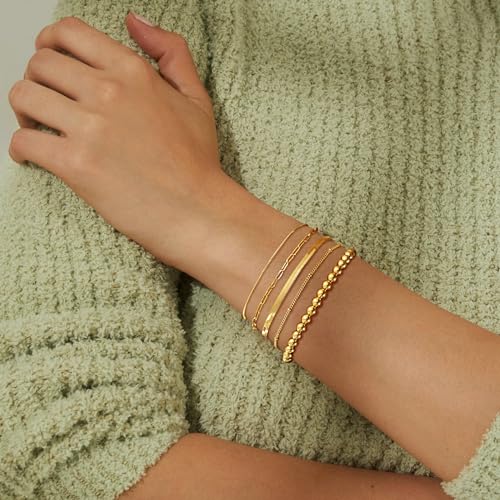 Image of DEARMAY Gold Bracelets for Women Waterproof Stackable Dainty 14K Gold Plated Rope Cuban Snake Paperclip Figaro Link Chain Pack Bracelet Adjustable Non Tarnish Fashion Accessories Jewelry Sets Gifts for Womens Mom