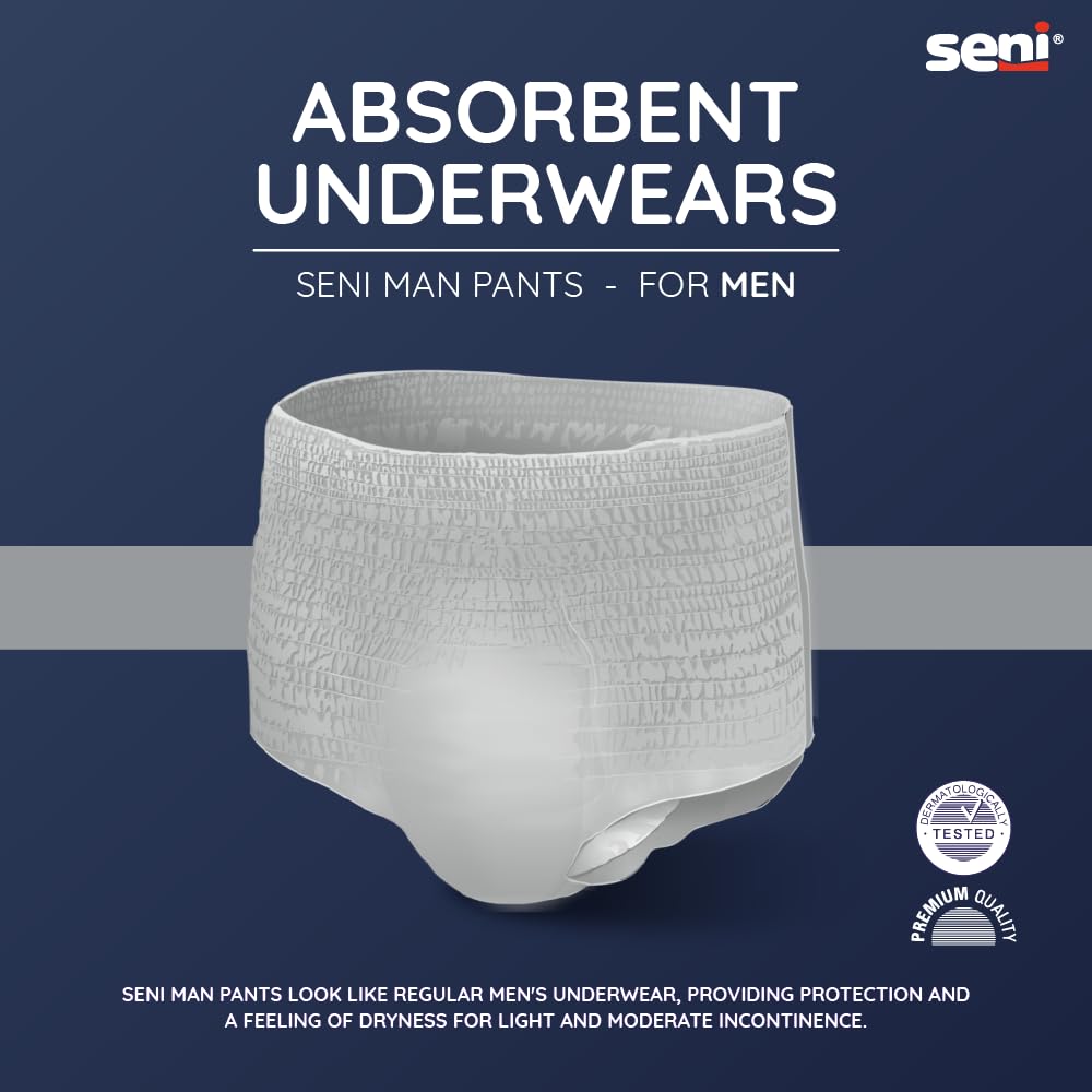 Seni Man Bladder Control Pants for Men | Light Incontinence | Breathable | Extra Dry System | latex free | Disposable Absorbent Underwear | Odour Stop | Dermatologically Tested | Size Medium | Waist Size 31" - 43" (80 cm - 110 cm) | Pack of 1 | 10 Pcs - Image 2 thumbnail