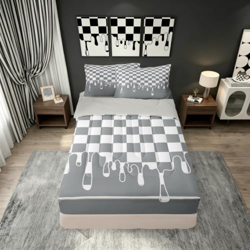 Image of Neutral Grey Checkered Zipper Bedding Set Twin Zip Up Bedding Gingham Checkerboard Drip Comforter Set with Sheets,Retro Aesthetic Funky Modern Geometric Bed in a Bag Grid Plaid Bed Sets Y2K Room Decor