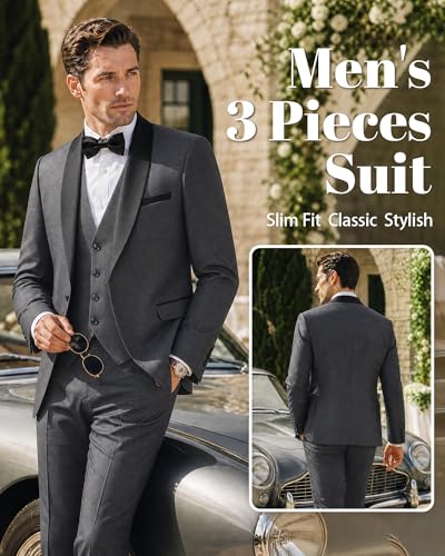 Image of MY'S Mens 3-Piece Suit Shawl Lapel One Button Tuxedo Winter Fabric Slim Fit Premium Dinner Jacket Vest Pants & Tie Set