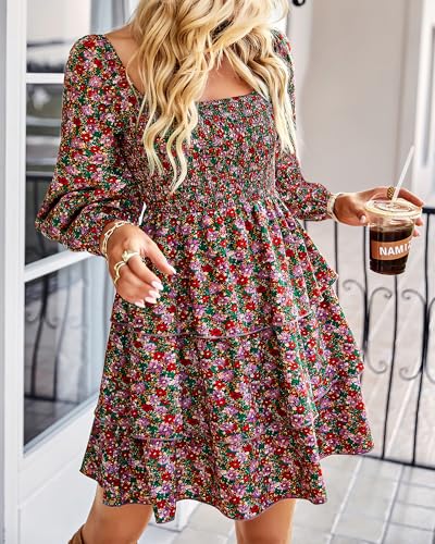 BTFBM Women Square Neck Smocked Dresses 2025 Summer Fall Long Sleeve Floral Swiss Dot Mini Boho Wedding Guest Dress - Image 4