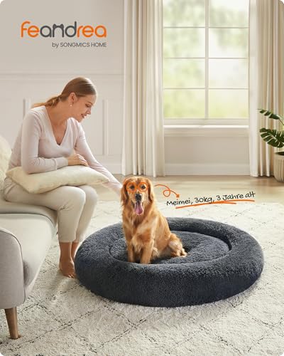 Feandrea Hundebett flauschig, Katzenbett, Donut Kissen, waschbar, Polsterung in der Mitte herausnehmbar, Langer Plüsch, 120 cm Durchmesser, dunkelgrau PGW043G02