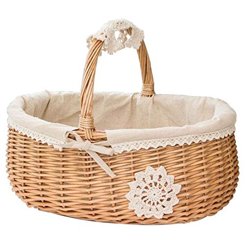 Noblik Wicker Basket Rattan Storage Basket Box Picnic Basket Fruit Flower Baskets and Handle and White Liner for Camping