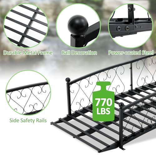 Spurgehom 8FT Garden Bridge - Metal Arch Bridge with Safety Siderails, Outdoor Decorative Iron Pond Bridge for Stream, Backyard, Creek, Black - Thumbnail 6
