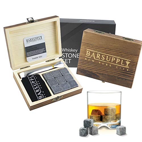 Whiskey Stones Gift Set, 12-Piece Set: 9 Granite Chilling Whiskey Rocks, Stainless Steel