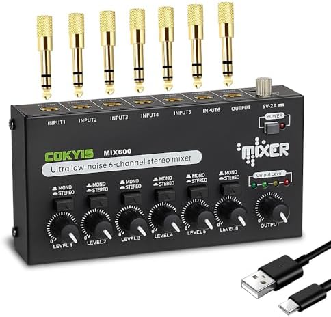 COKYIS Mini mezclador de audio, mezclador de línea estéreo de 6 canales para submezcla de precisión, con funcionamiento de ultra bajo ruido, control de micrófono independiente, entrada/salida TRS de